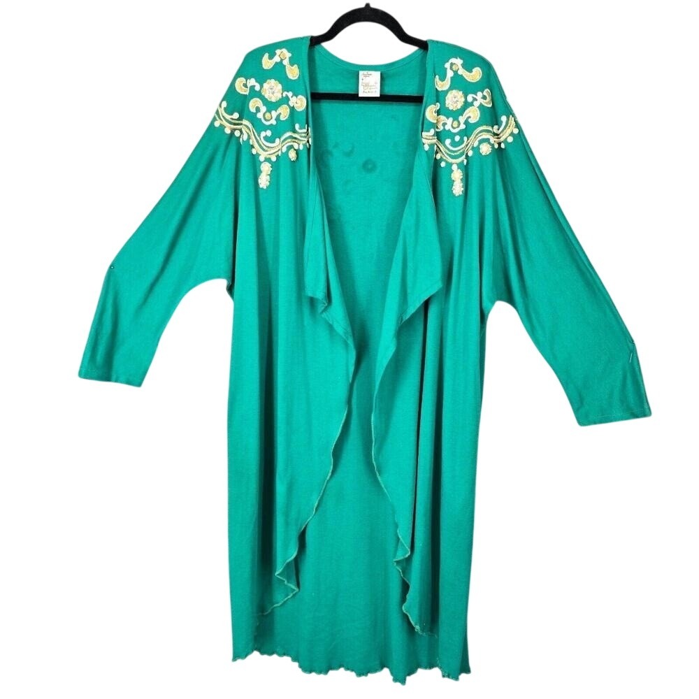 Laura Rogers Originals Hand‎ Painted Embellished Duster Cardigan Green Womens